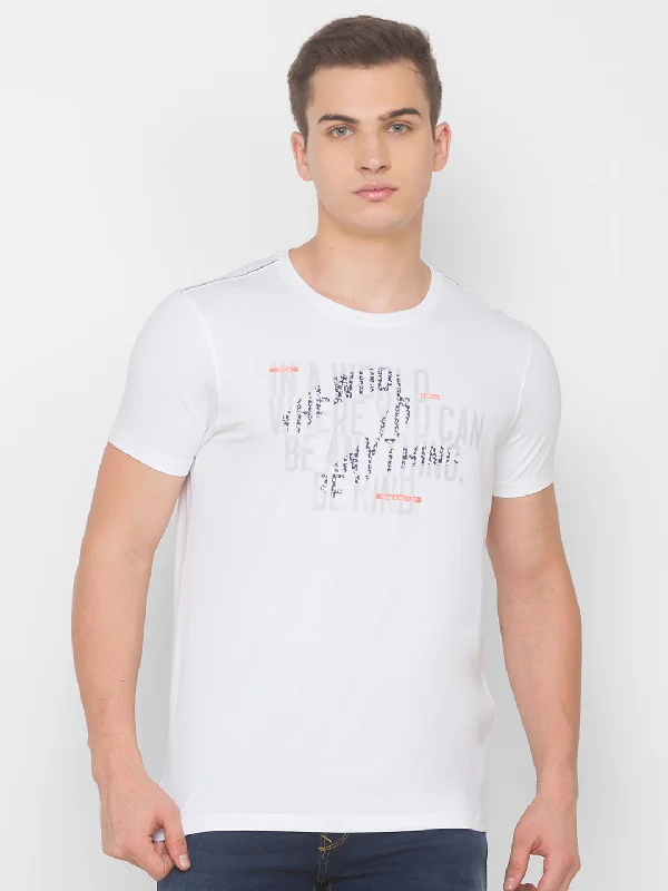 Weekend Discounts to Relish Spykar Men White Cotton Slim Fit Round Neck T-Shirt