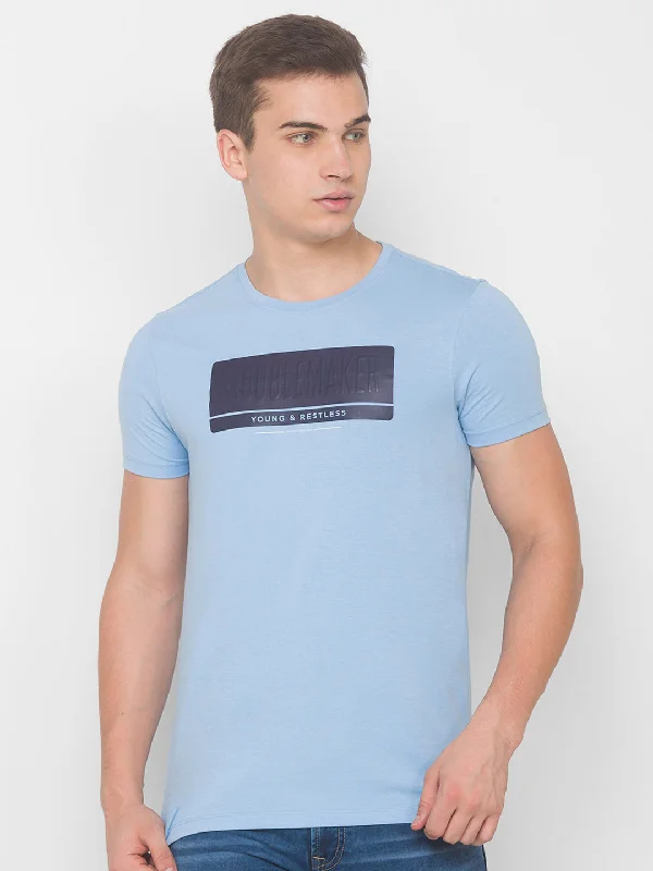 Weekend Savings Galore Spykar Men Blue Cotton Blend Slim Fit Round Neck T-Shirt