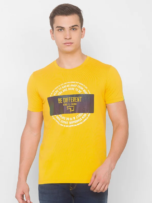 Weekend Deals to Make You Happy Spykar Men Yellow Cotton Slim Fit Round Neck T-Shirt