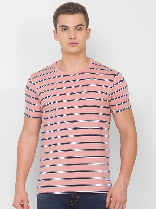 Unwind with Weekend Discounts Spykar Men Pink Cotton Slim Fit Round Neck T-Shirt