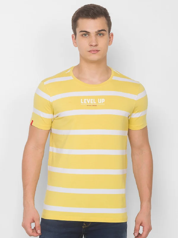 Year-End Clearance Spykar Men Yellow Cotton Blend Slim Fit Round Neck T-Shirt