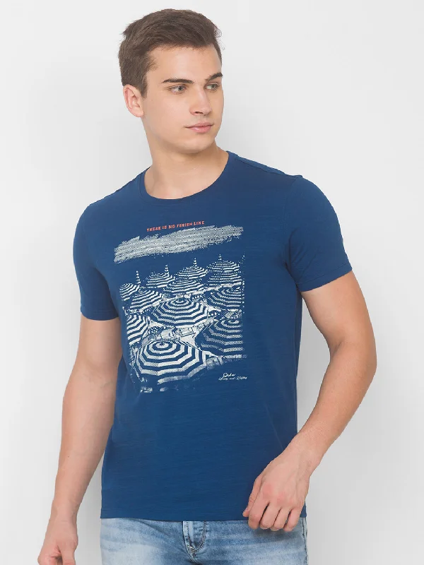 Super Bargain Spykar Men Blue Cotton Blend Slim Fit Round Neck T-Shirt