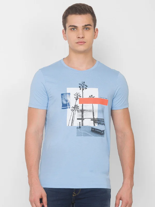 Overstock Clearance Spykar Men Blue Cotton Slim Fit Round Neck T-Shirt