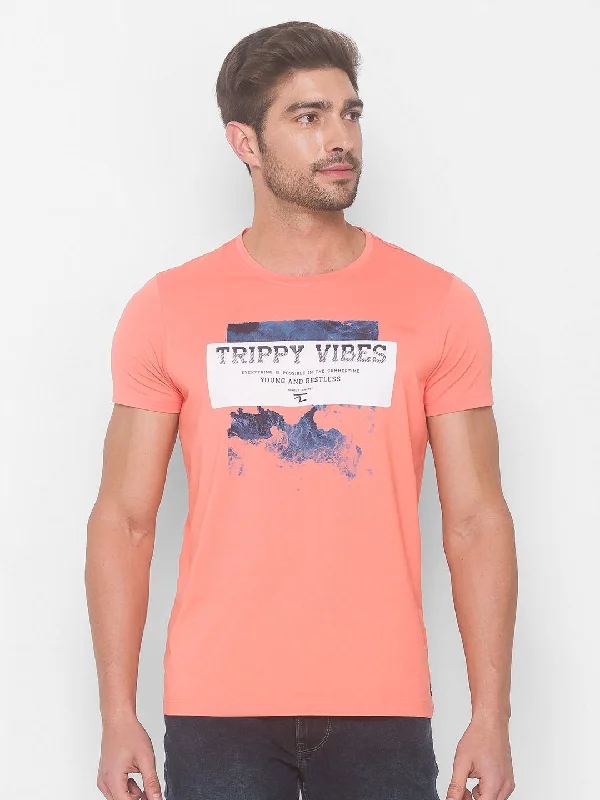 Massive Deal Spykar Men Pink Cotton Slim Fit Round Neck T-Shirt