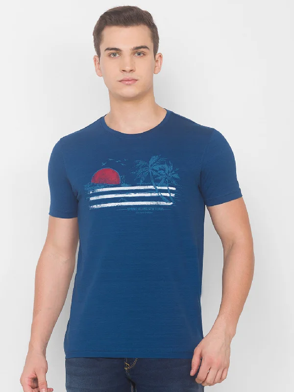 Instant Deal Spykar Men Blue Cotton Slim Fit Round Neck T-Shirt
