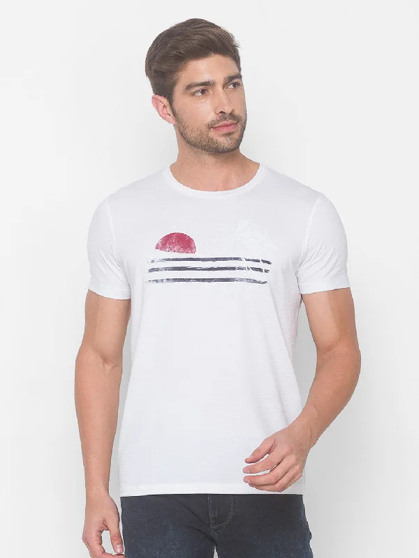 Hot Buy Spykar Men White Cotton Blend Slim Fit Round Neck T-Shirt