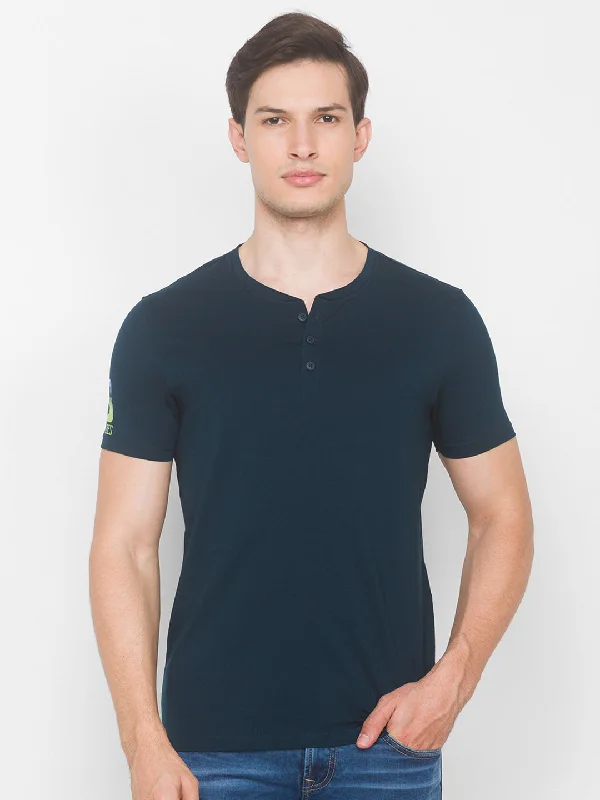 Don't Delay Spykar Men Blue Cotton Slim Fit Round Neck T-Shirt