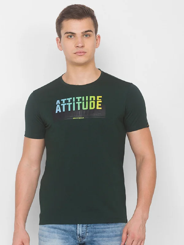 Today Only Spykar Men Green Cotton Blend Slim Fit Round Neck T-Shirt