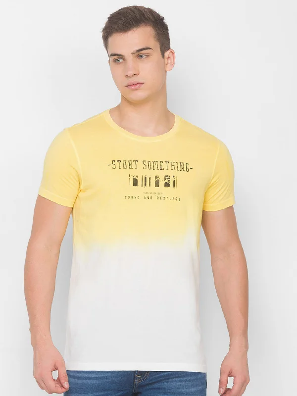Great Bargain Spykar Men Yellow Cotton Blend Slim Fit Round Neck T-Shirt
