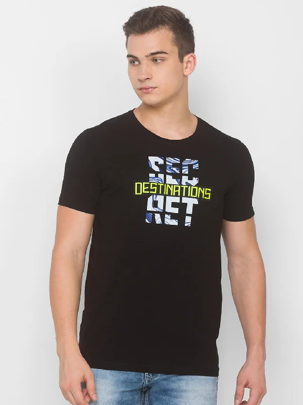 Deep Savings Spykar Men Black Cotton Slim Fit Round Neck T-Shirt