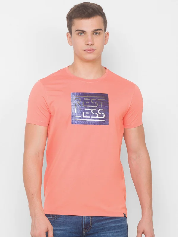 Can't Resist Spykar Men Pink Cotton Blend Slim Fit Round Neck T-Shirt