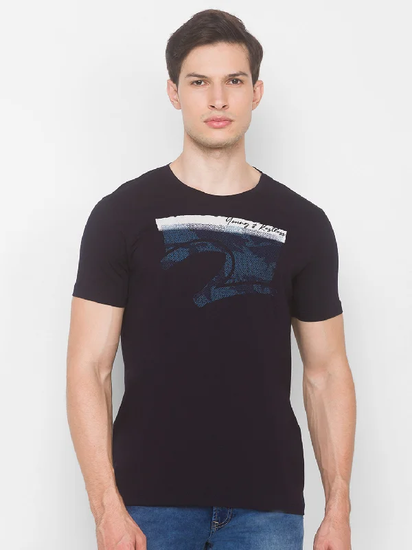 Must-Have Deals Spykar Men Blue Cotton Slim Fit Round Neck T-Shirt