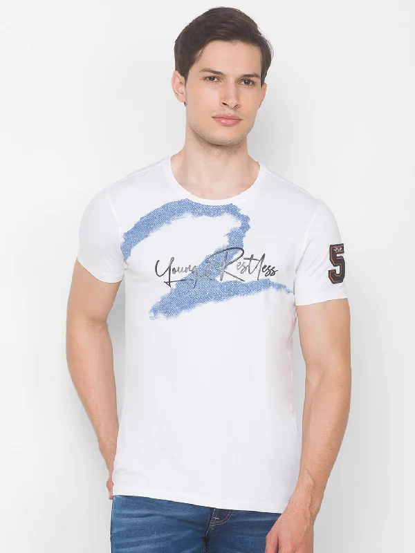 Final Sale Spykar Men White Cotton Slim Fit Round Neck T-Shirt