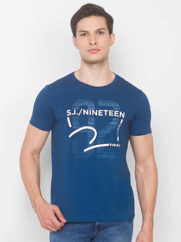 Don't Miss Spykar Men Blue Cotton Blend Slim Fit Round Neck T-Shirt