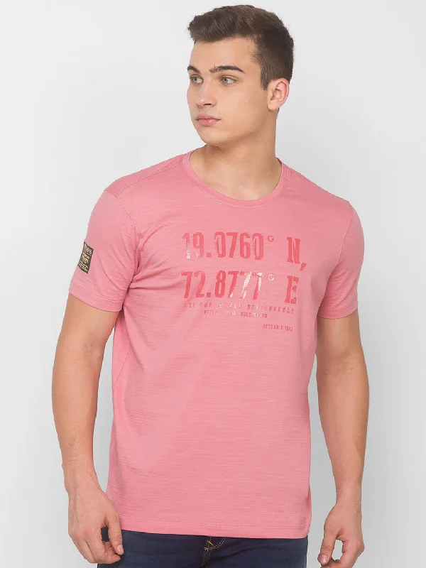 Best Deals Spykar Men Pink Cotton Slim Fit Round Neck T-Shirt