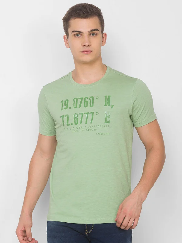 Value Deals Spykar Men Green Cotton Slim Fit Round Neck T-Shirt