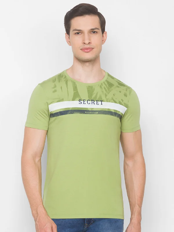Super Bargain Spykar Men Green Cotton Slim Fit Round Neck T-Shirt