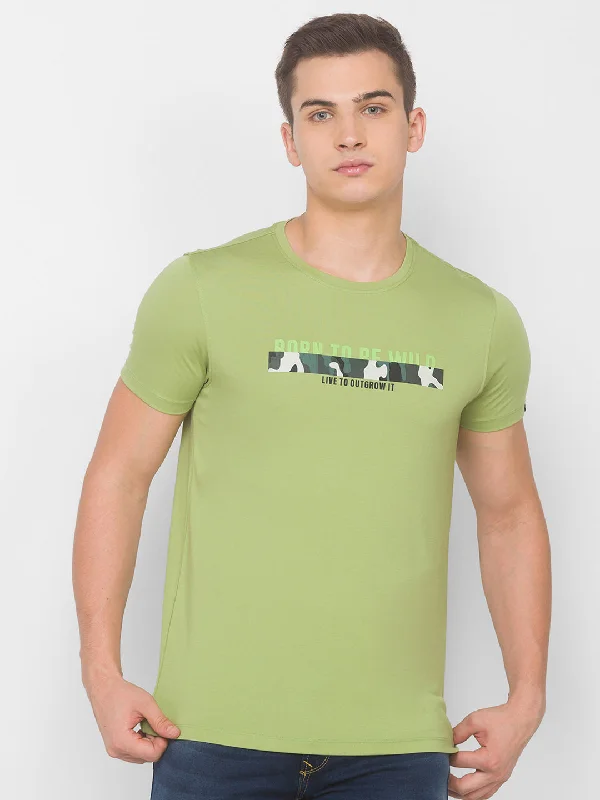 Special Discount Spykar Men Green Cotton Slim Fit Round Neck T-Shirt
