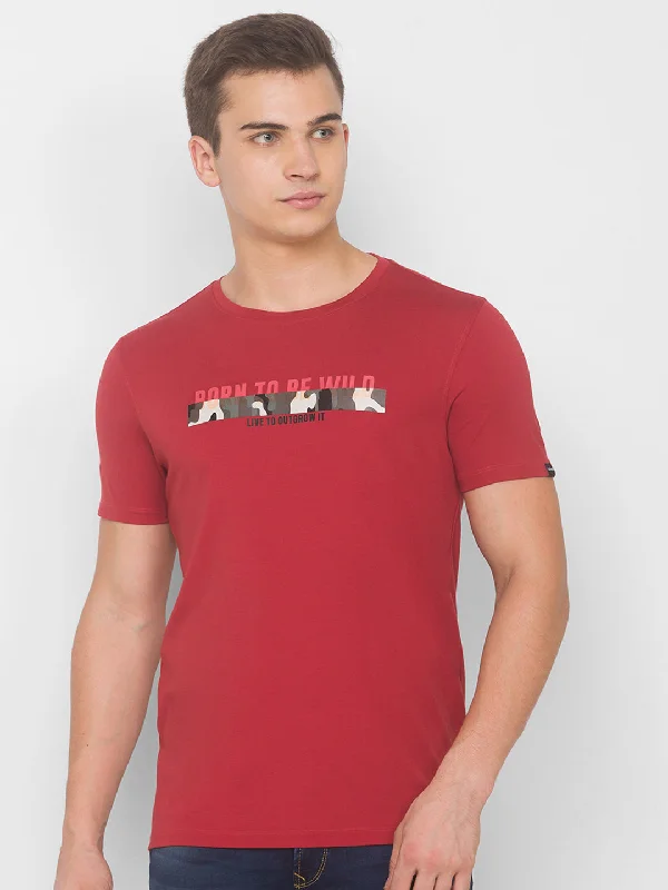 Sale Event Spykar Men Red Cotton Slim Fit Round Neck T-Shirt