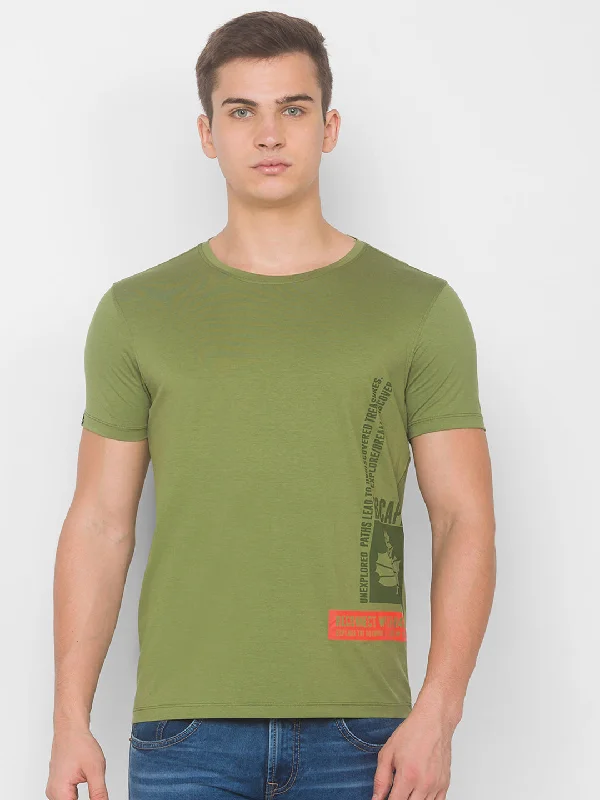 Price Rollback Spykar Men Green Cotton Slim Fit Round Neck T-Shirt