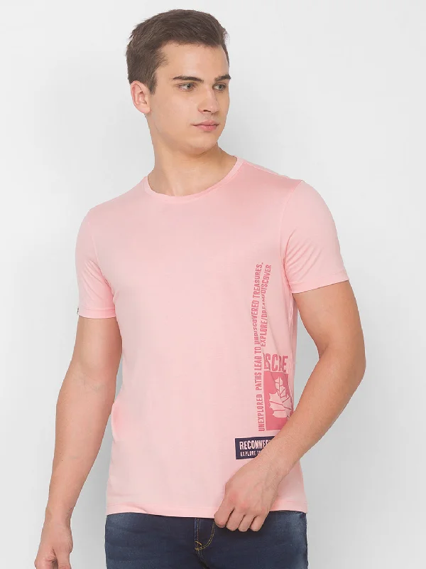 Price Cut Spykar Men Pink Cotton Slim Fit Round Neck T-Shirt