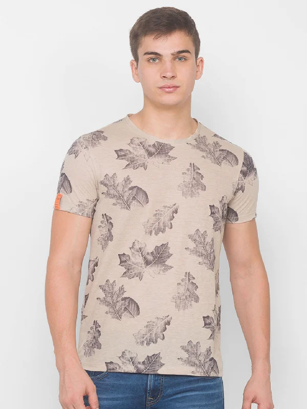 New Markdowns Spykar Men Beige Cotton Slim Fit Round Neck T-Shirt