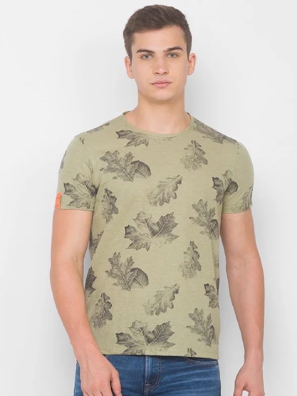 Massive Deals Spykar Men Green Cotton Slim Fit Round Neck T-Shirt