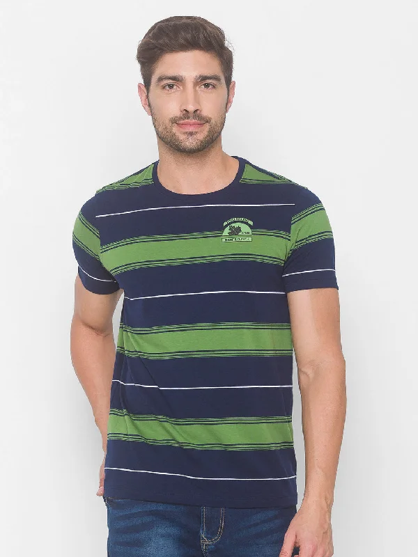 Hurry In Spykar Men Blue Cotton Blend Slim Fit Round Neck T-Shirt