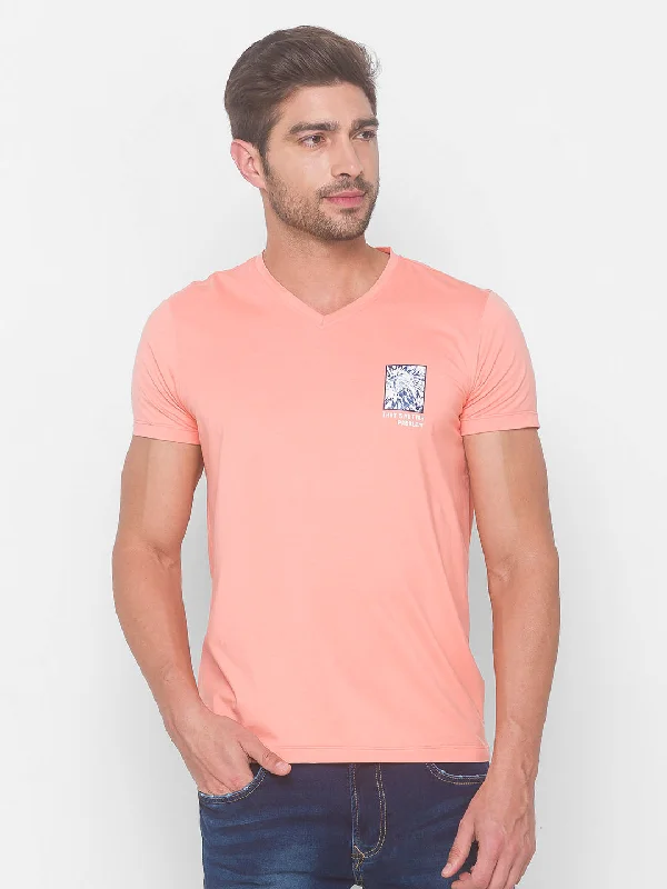 Buy Now Spykar Men Pink Cotton Slim Fit V-Neck T-Shirt