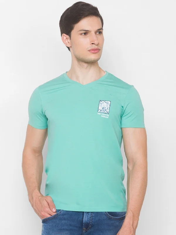 Best Bargains Spykar Men Green Cotton Slim Fit V-Neck T-Shirt