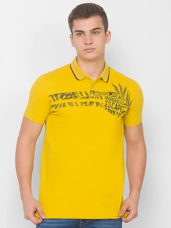 Inventory Reduction Spykar Men Yellow Cotton Slim Fit Round Neck T-Shirt