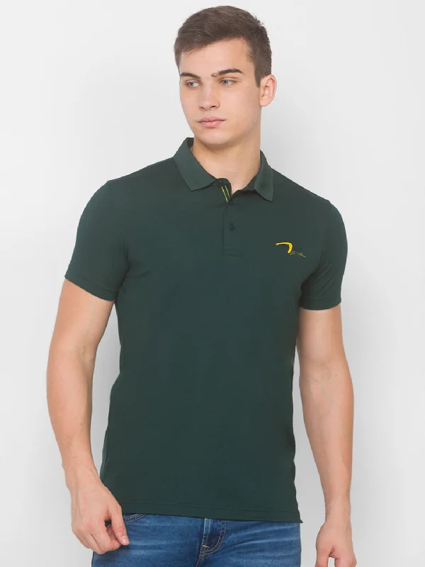 Early Bird Discount Spykar Men Green Cotton Slim Fit Round Neck T-Shirt