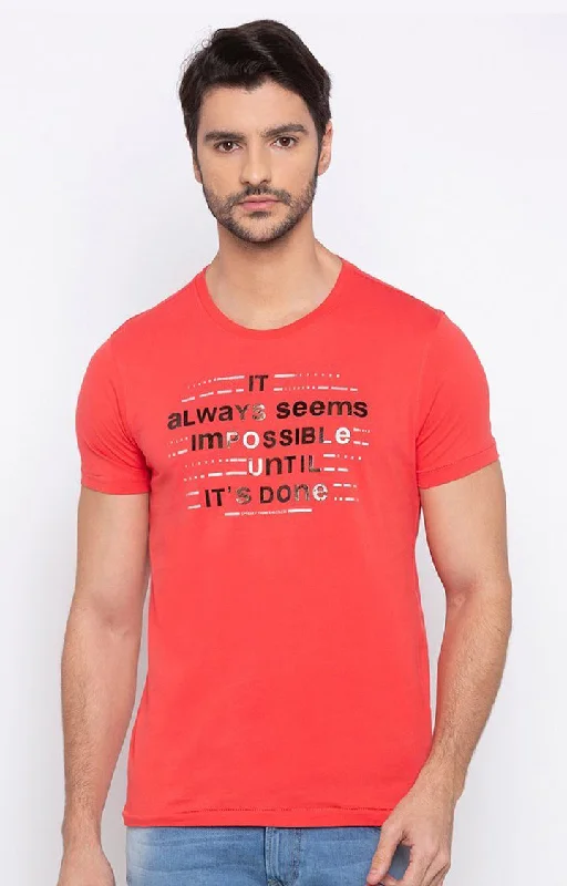 Super Bargain Spykar Men Orange Cotton Slim Fit Round Neck T-Shirt