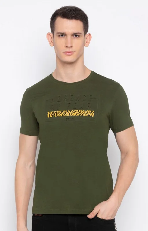 Price Rollback Spykar Men Green Cotton Slim Fit Round Neck T-Shirt