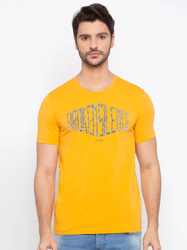 Massive Deals Spykar Men Yellow Cotton Slim Fit Round Neck T-Shirt