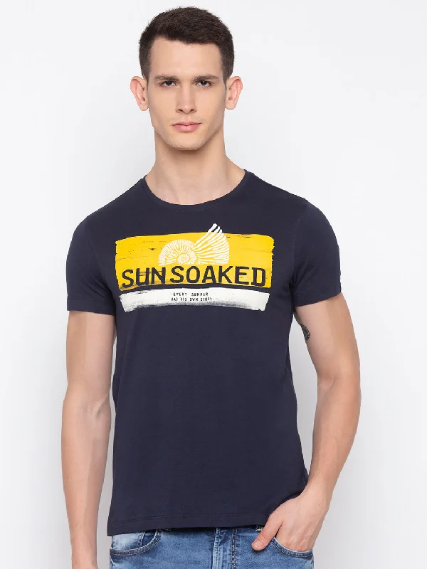 Exclusive Savings Spykar Men Blue Cotton Slim Fit Round Neck T-Shirt
