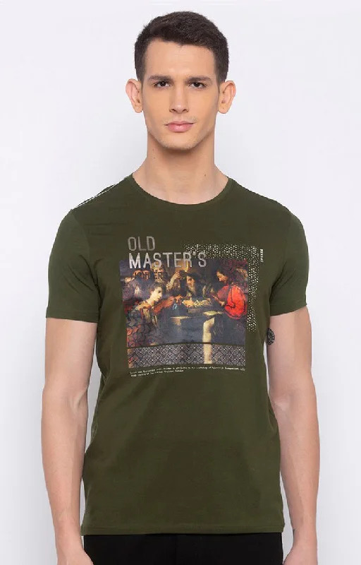 Weekend Offers That Thrill Spykar Men Olive Green Cotton Slim Fit Round Neck T-Shirt