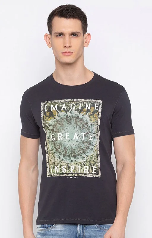 Weekend Savings Extravaganza Spykar Men Grey Cotton Slim Fit Round Neck T-Shirt