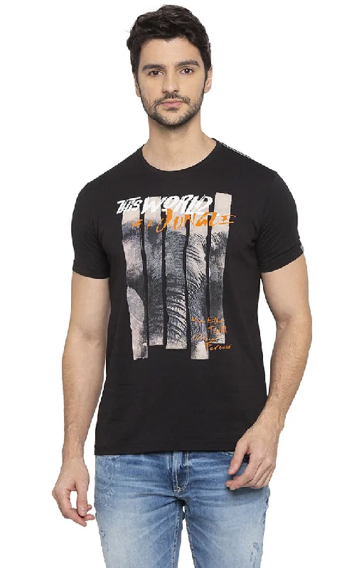 Weekend Savings Fiesta Spykar Men Black Cotton Slim Fit Round Neck T-Shirt