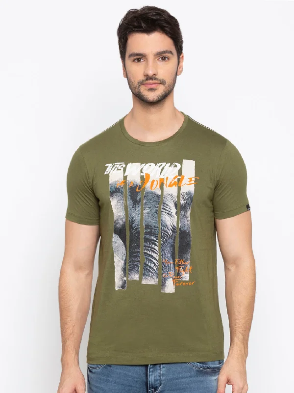 Weekend Discounts to Snag Spykar Men Green Cotton Slim Fit Round Neck T-Shirt