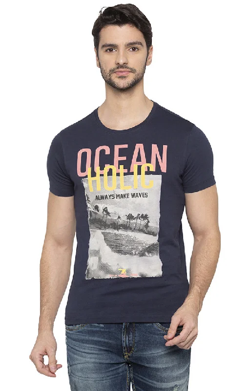 Weekend Offers That Please Spykar Men Blue Cotton Slim Fit Round Neck T-Shirt