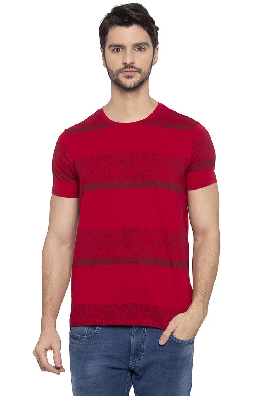 Weekend Discounts to Enjoy Spykar Men Red Cotton Slim Fit Round Neck T-Shirt