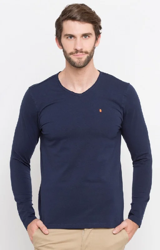 Savings Soar This Weekend Spykar Men Blue Cotton Slim Fit V-Neck T-Shirt