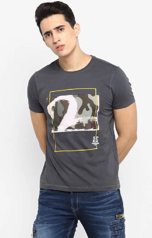 Super Deal Spykar Men Charcoal Printed T-Shirt
