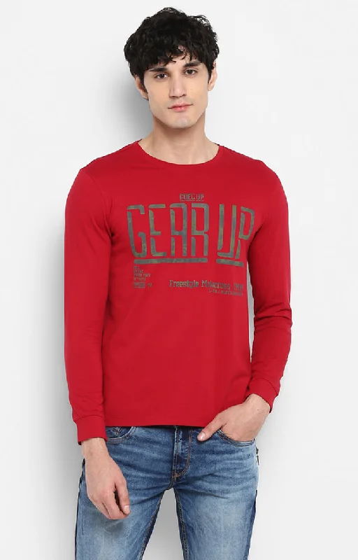 Shop and Save Spykar Men Red Printed Slim Fit T-Shirt