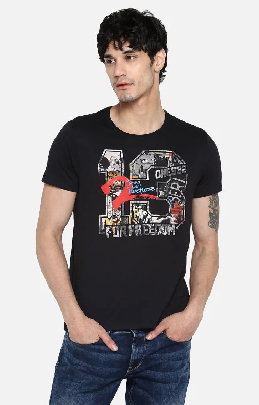 Midnight Madness Spykar Men Black Cotton Slim Fit Round Neck T-Shirt