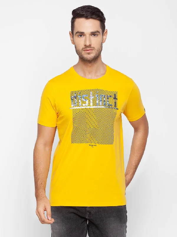 Closeout Deal Spykar Men Yellow Cotton Slim Fit Round Neck T-Shirt