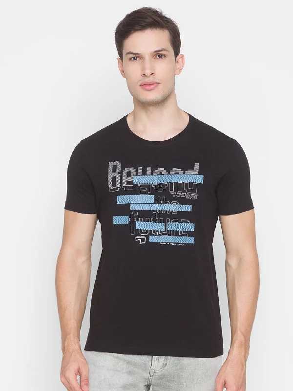 Act Fast Spykar Men Black Cotton Slim Fit Round Neck T-Shirt