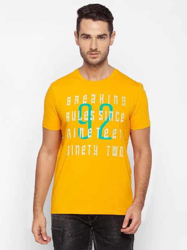 While Supplies Last Spykar Men Yellow Cotton Slim Fit Round Neck T-Shirt