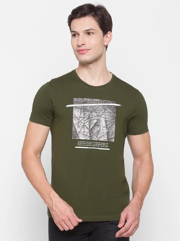Savings Event Spykar Men Green Cotton Slim Fit Round Neck T-Shirt